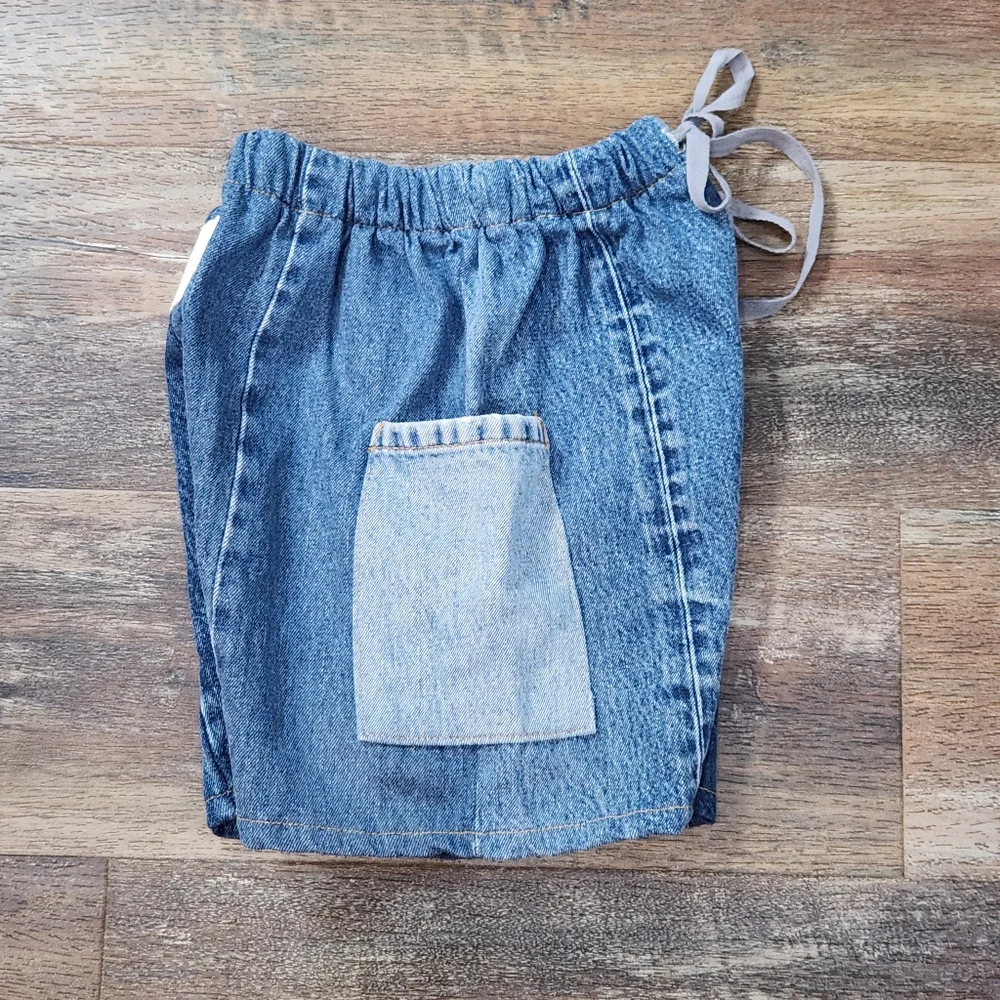 NWOT Parke Patchwork Denim Blue Jean High-Waisted Drawstring Pocket Shorts - Picture 5 of 5